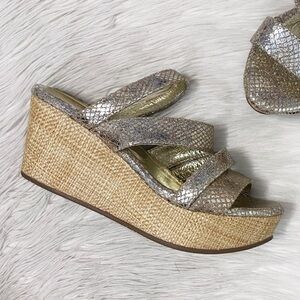 Chocolat Blu Gold Metallic Snakeskin Embossed Wavy Platform Wedge Slide Sandals